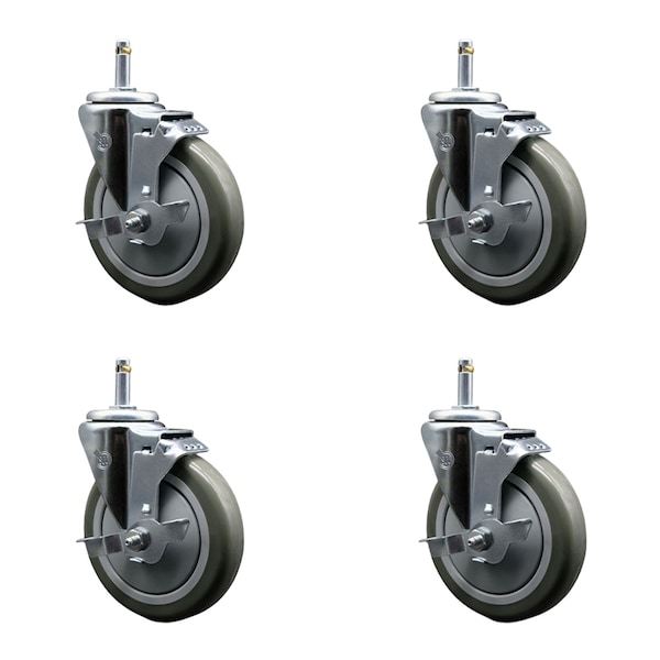 Service Caster 5'' Gray Poly Swivel 7/16'' Grip Ring Stem Caster Set with Brake, 4PK SCC-GR20S514-PPUB-TLB-716138-4 - main
